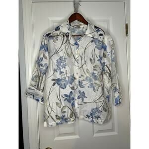 Notations Blue Floral Blouse XL Sheer Button Up Lightweight Spring Top Women